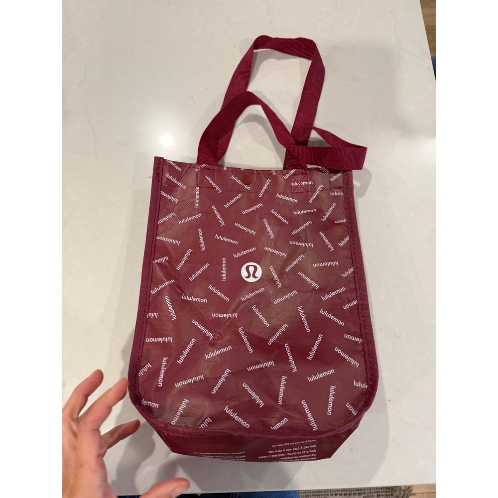 Lululemon Small Reusable Shopping Tote Bag Burgundy Maroon Logo Print Snap Top - Picture 5 of 5